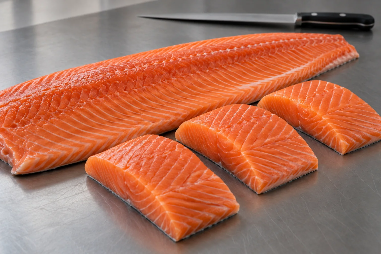 Fresh salmon portions on a preparation surface