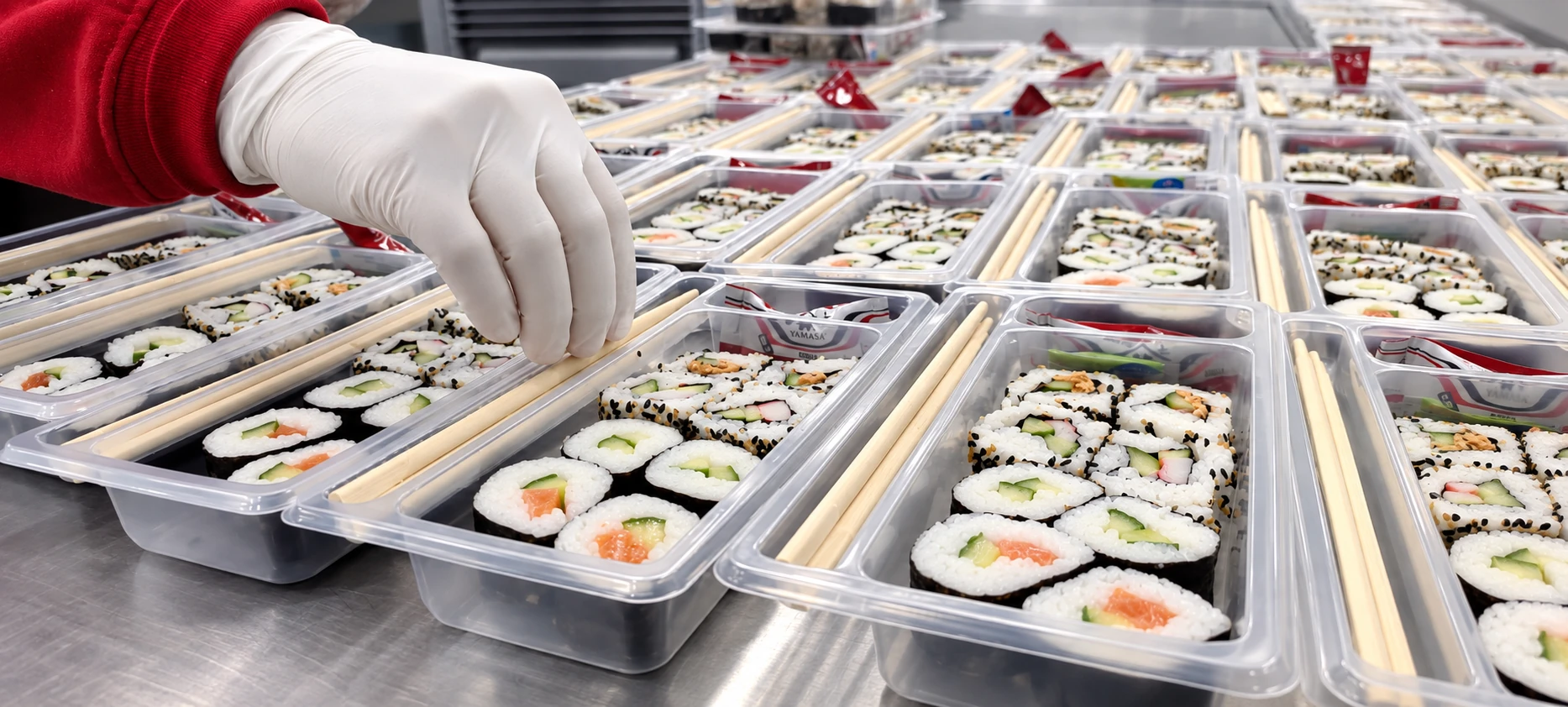 Gloved hand arranging sushi in trays for retail