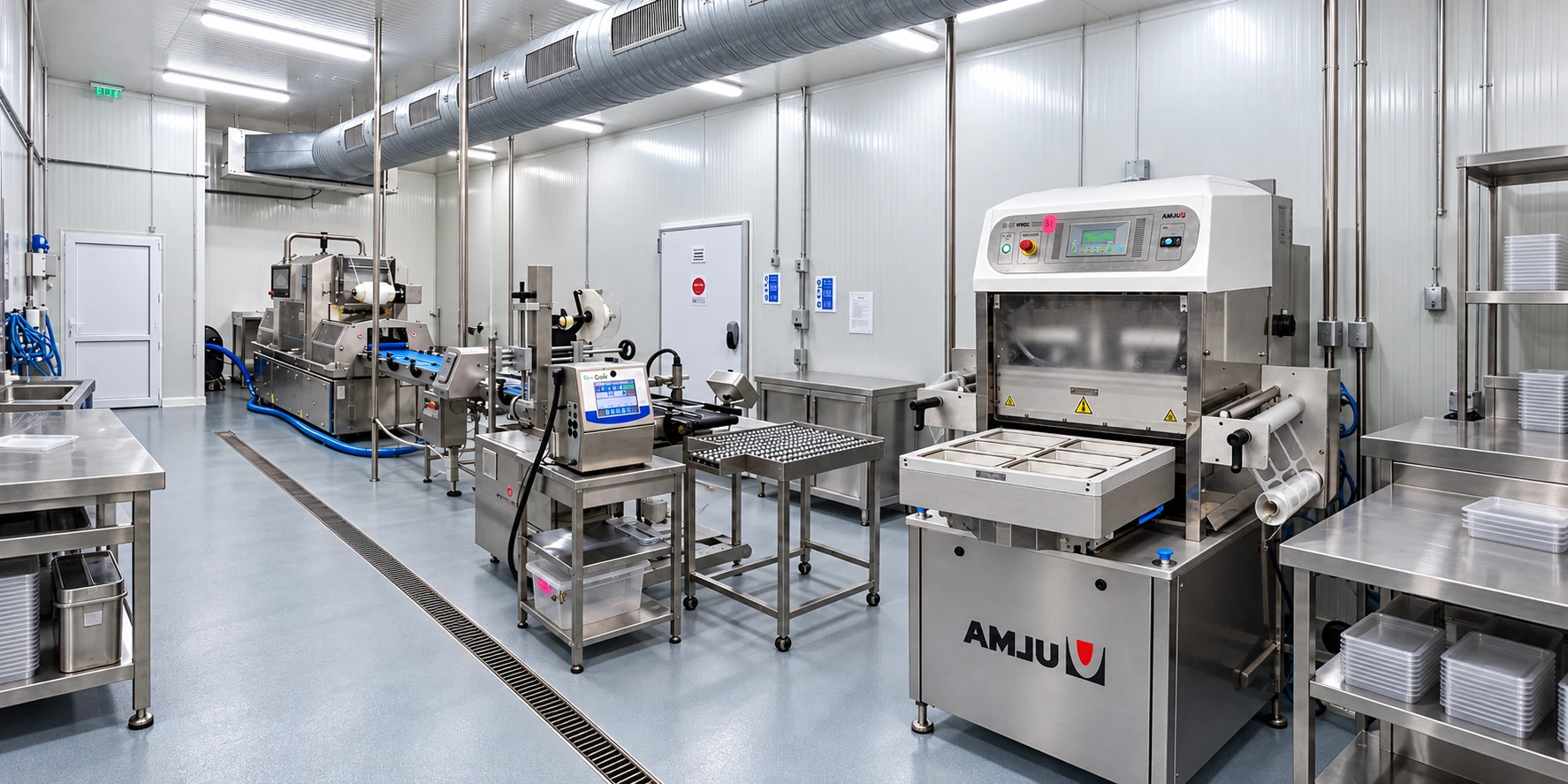 MY SUSHI packing line with stainless-steel equipment and an AMJU tray sealer