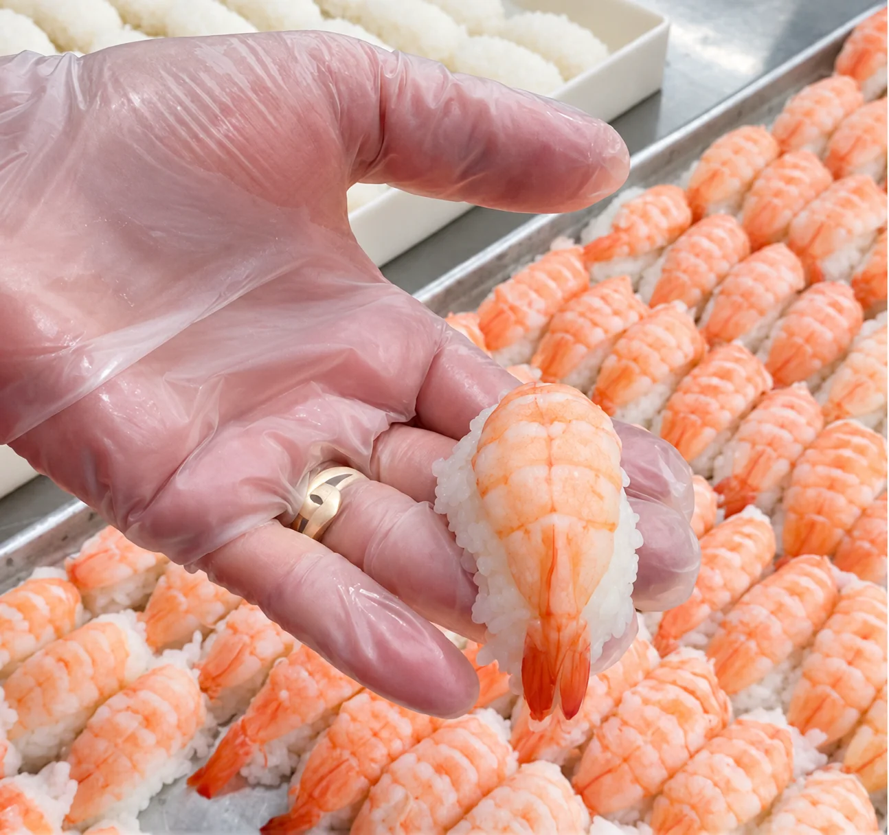 Gloved hand assembling nigiri in MY SUSHI production