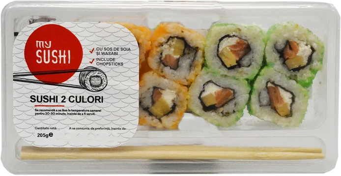MY SUSHI tray with two sushi selections and a product label
