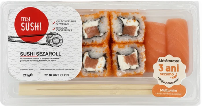 MY SUSHI tray with sushi rolls and a product label
